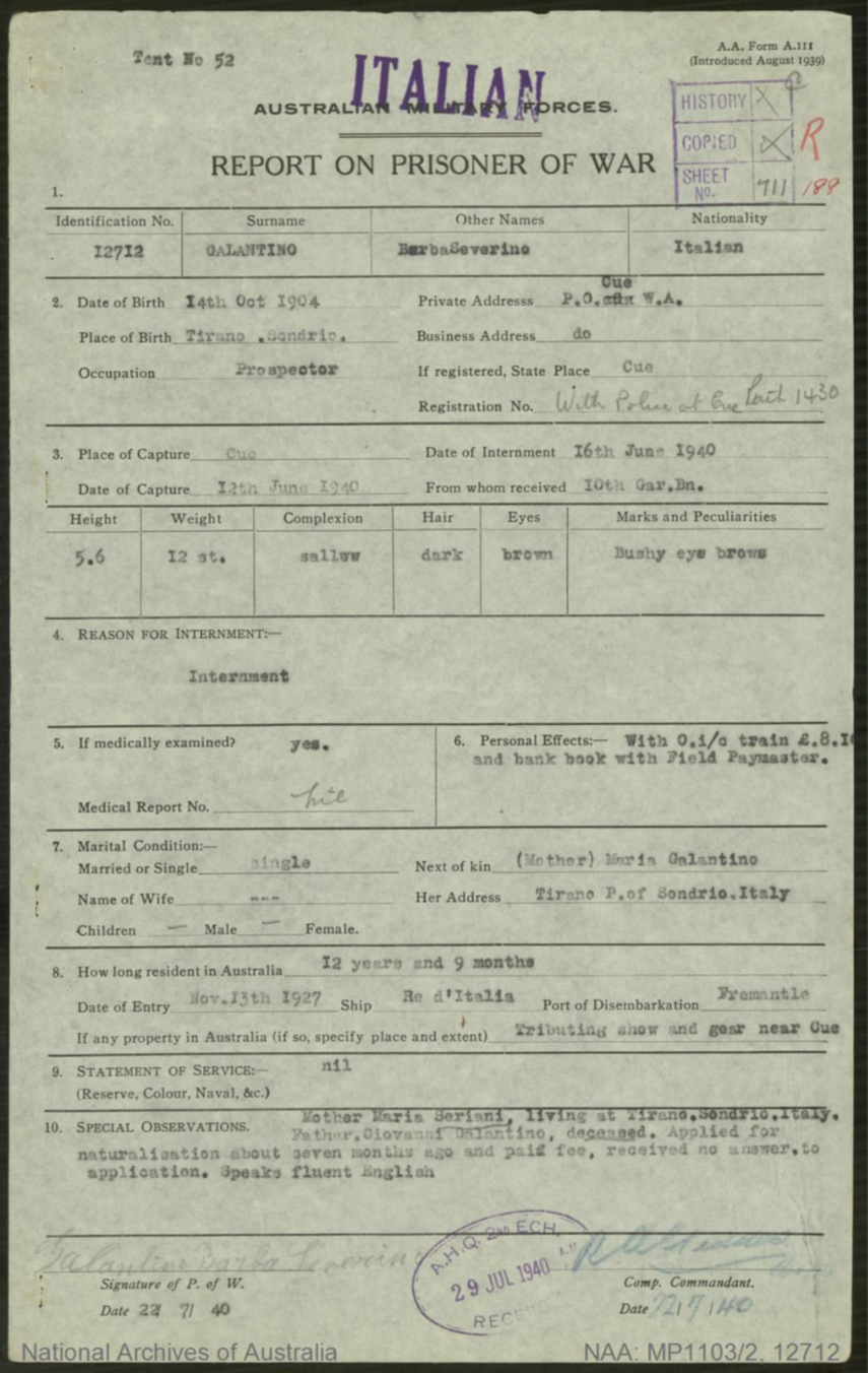 Image of paper form 'REPORT ON PRISONER OF WAR'