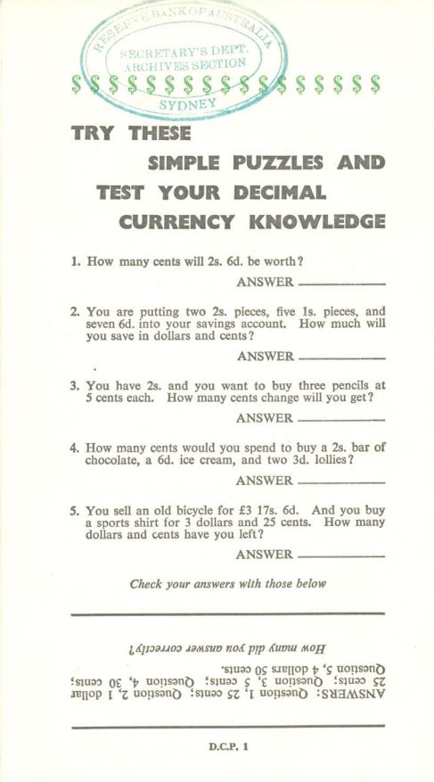 Short quiz about Australian's decimal currency