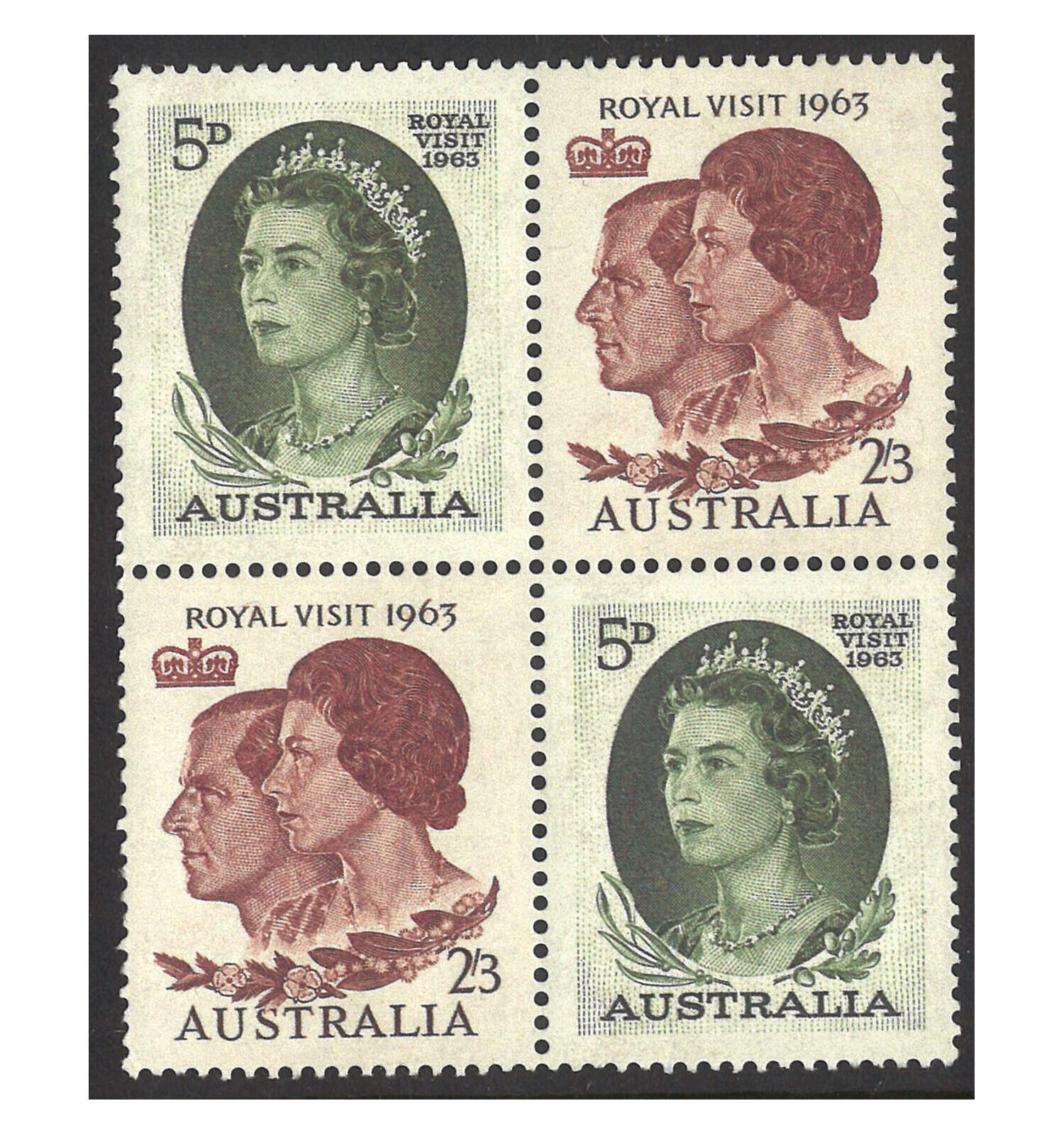 Stamps commemorating Queen Elizabeth II’s 1963 visit to Australia