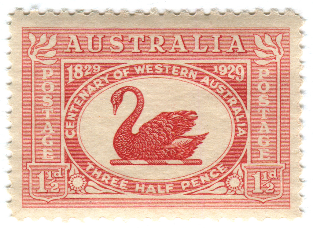 A red and white stamp from 1929 marking the centenary of Western Australia