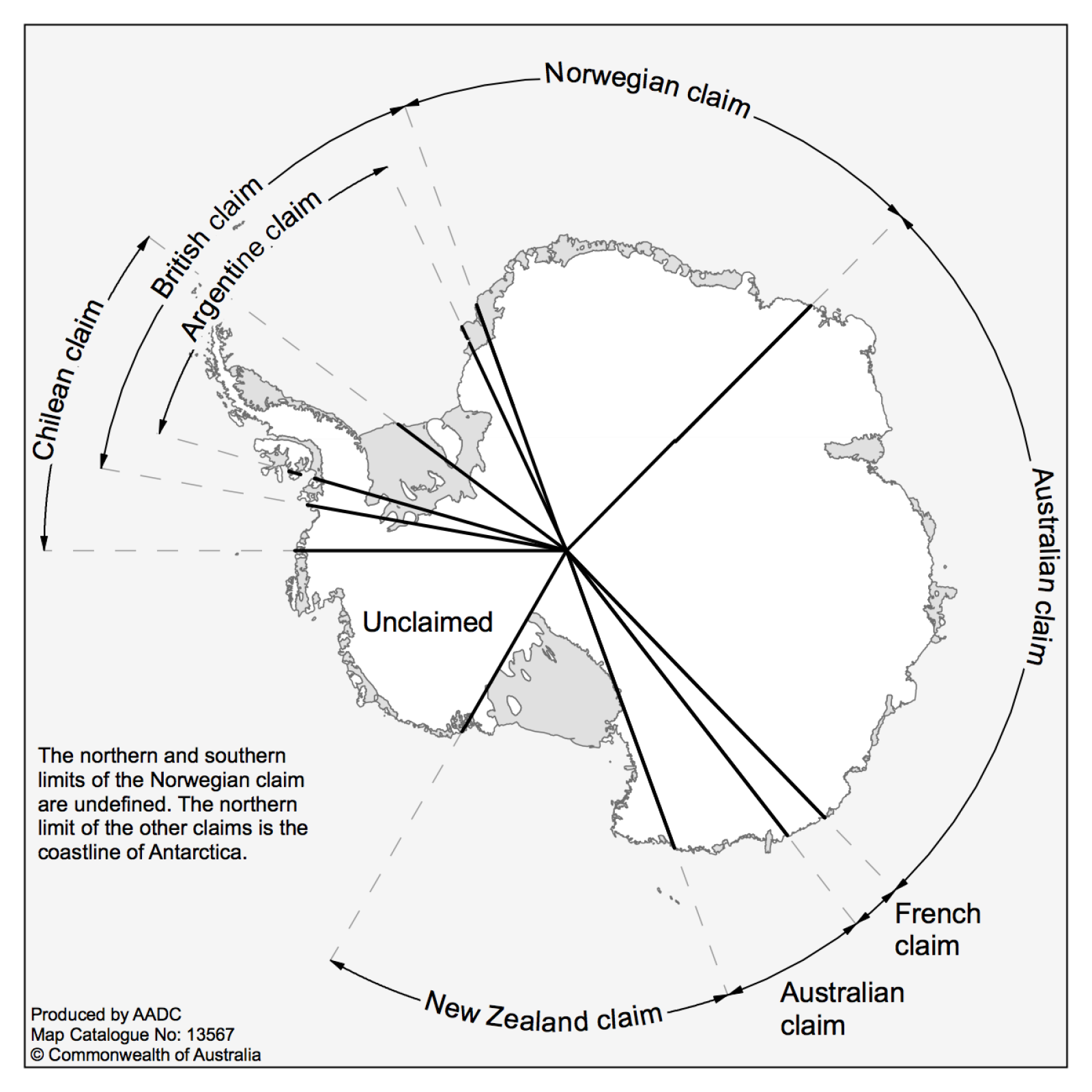 black and white map of claims on Antarctica