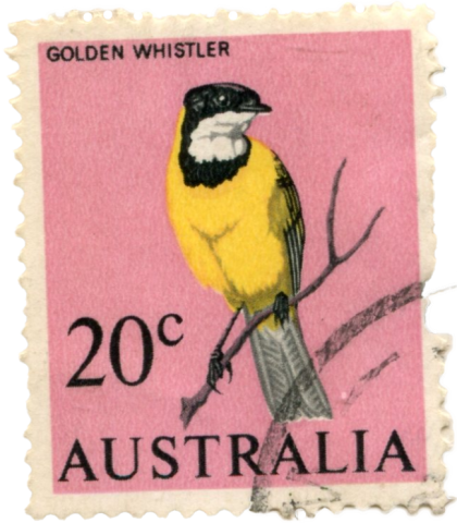 pink stamp showing yellow, black, and white bird