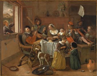 A painting depicting a chaotic and boisterous family gathering filled with drinking, music, and other excesses