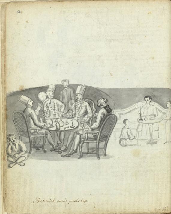 A painting of people around a table