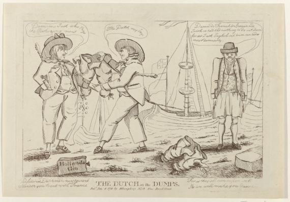 In this 1781 English cartoon (RP-P-1905-6519), two Englishmen have stolen the pants from a Dutchman as a punishment for working with the French. A case bottle of ‘Hollands Gin’ can be seen on the ground.