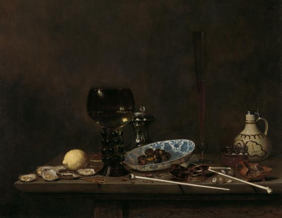 Painting Jan Jansz. van de Velde (III), 1651, ‘Still Life with Roemer, Salt Cellar, Tobacco, Lemon and Olives’.